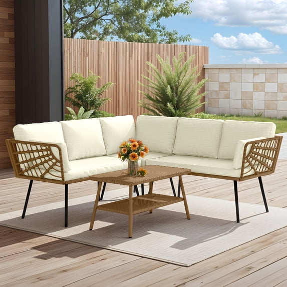Uforic 4 Piece Outdoor Patio Furniture Set, Rattan Wicker Outdoor Conversation Sectional Sofa Set, Beige