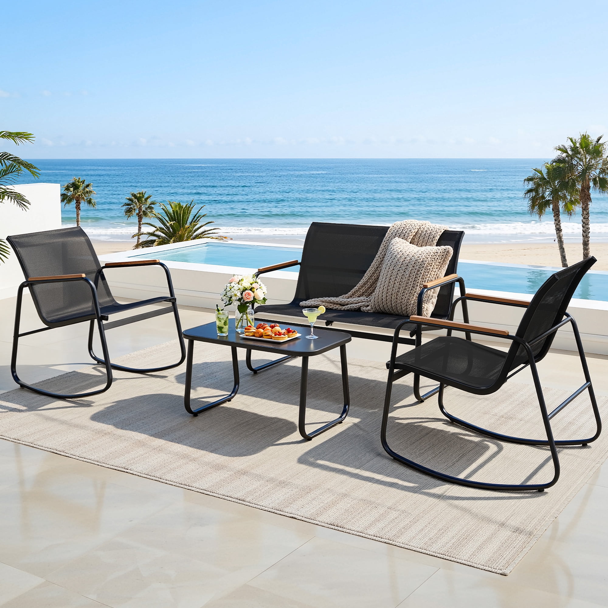 Uforic 4-Piece Outdoor Patio Furniture Set, Textilene Rocking Conversation Set with Loveseat & Glass Table, All Weather Bistro Furniture for Garden Lawn Balcony Poolside, Black