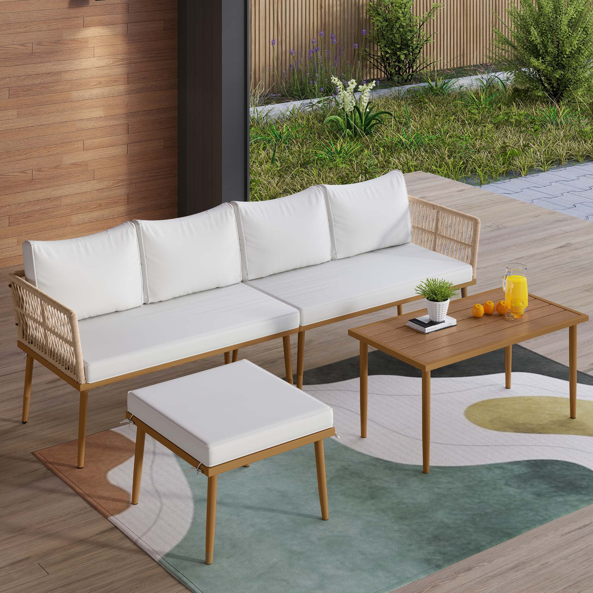 Uforic 4-Piece Outdoor Woven Rope Sectional Sofa Set Patio Furniture Conversation Set, Patio Loveseat with Ottoman and Side Table - Beige