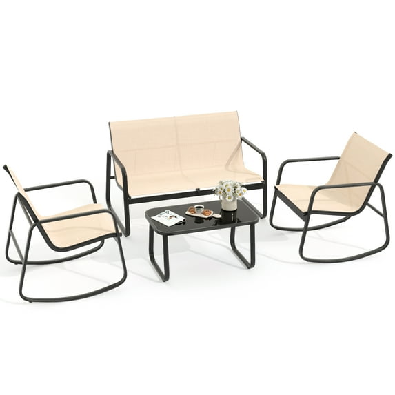 Uforic 4 Pieces Outdoor Furniture Set Patio Textilene Steel Conversation Set, Rocking Bistro Set with Loveseat Glass Table - Brown