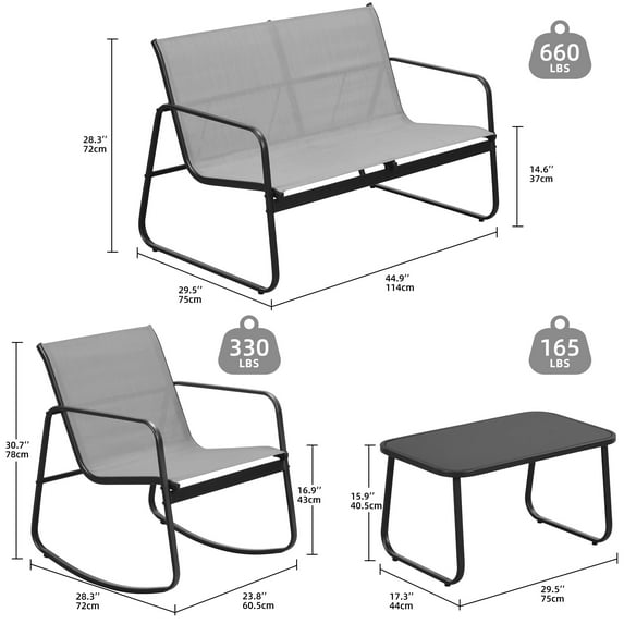 Uforic 4 Pieces Outdoor Furniture Set Patio Textilene Steel Conversation Set, Rocking Bistro Set with Loveseat Glass Table - Gray