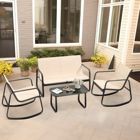 Uforic 4 Pieces Outdoor Furniture Set,Patio Textilene Steel Conversation Set with Loveseat Chair,Rocking Chair Set of 2 and Tea Table - Brown