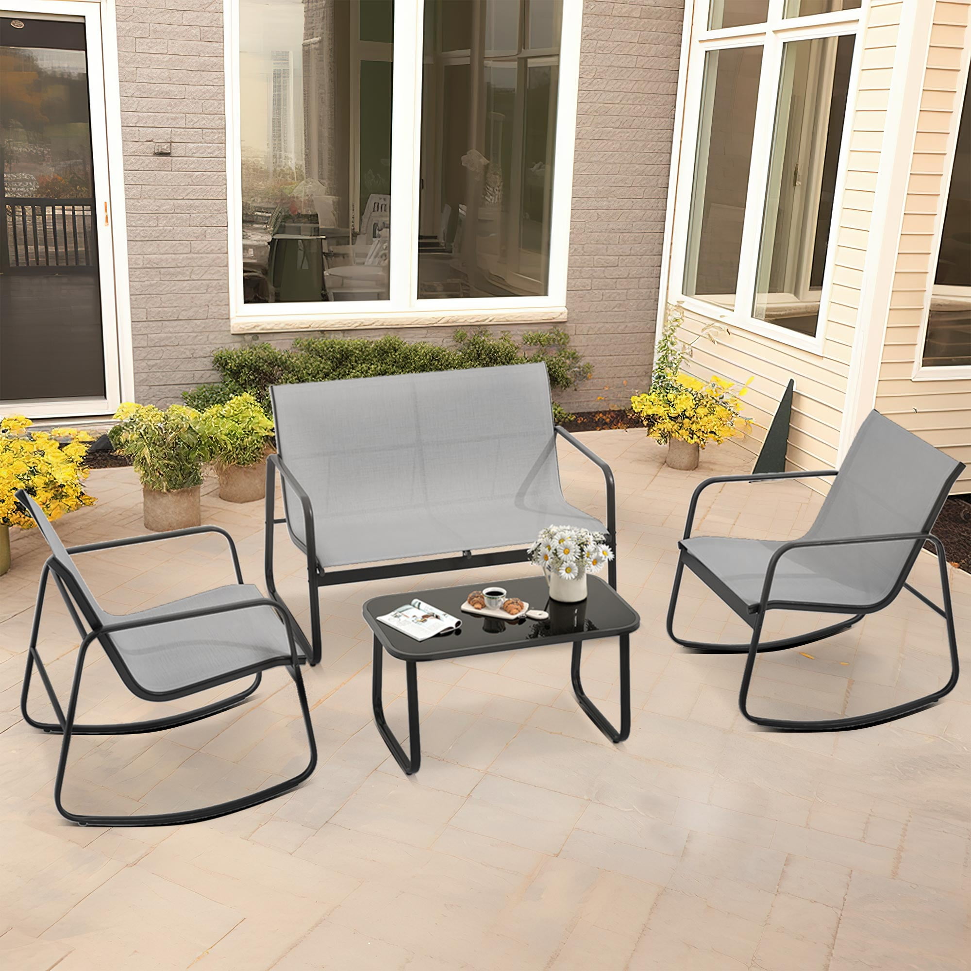 Uforic 4 Pieces Outdoor Furniture Set,Patio Textilene Steel Conversation Set with Loveseat Chair,Rocking Chair Set of 2 and Tea Table - Gray