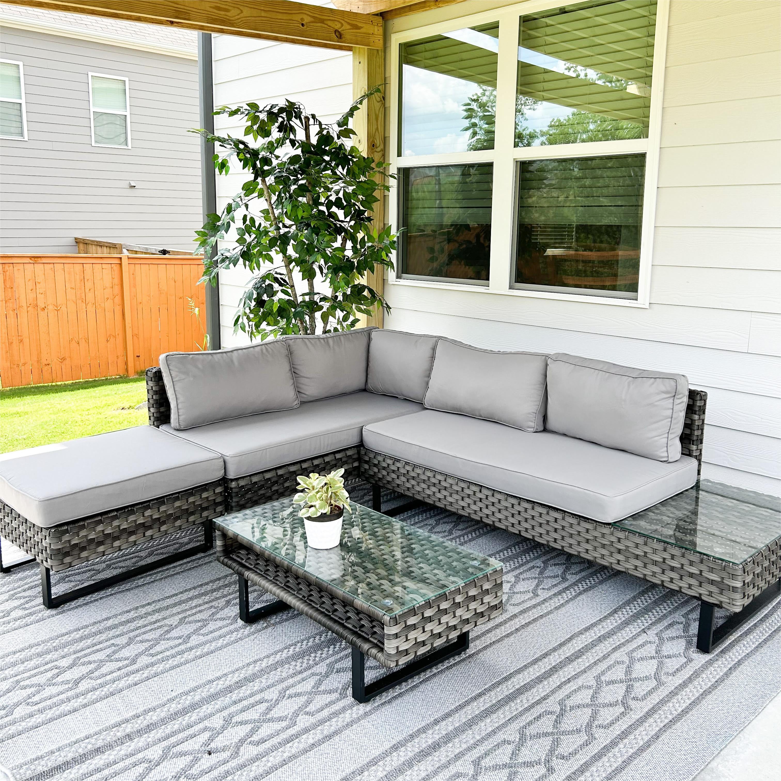 Uforic 4 Pieces Outdoor Patio Furniture Set,Patio Rattan Wicker Sectional L-Shaped Sofa Conversation Set,Detachable Lounger with Coffee Table & Cushions