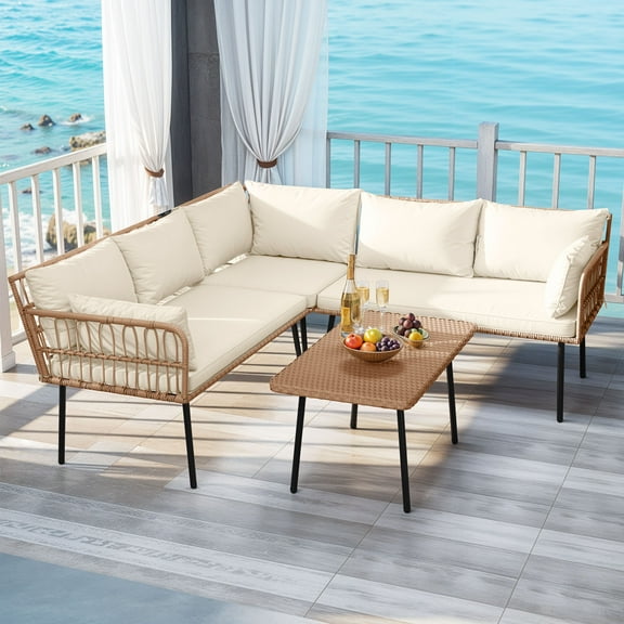 Uforic 4 Pieces Patio Conversation Set,Wicker Outdoor Furniture Set, All-Weather PE Rattan Sectional L-Shaped Sofa with Coffee Table - Beige