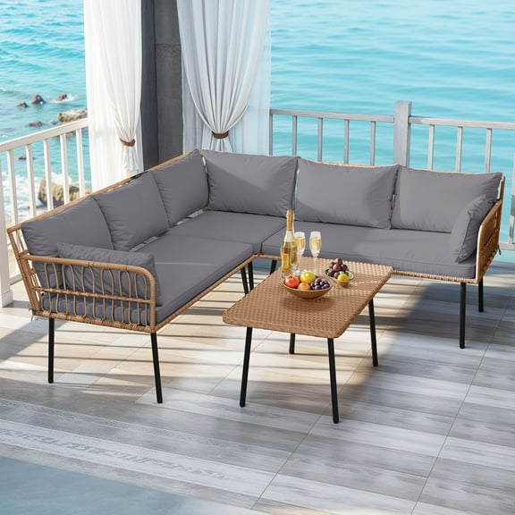 Uforic 4 Pieces Patio Conversation Set,Wicker Outdoor Furniture Set, All-Weather PE Rattan Sectional L-Shaped Sofa with Coffee Table - Gray