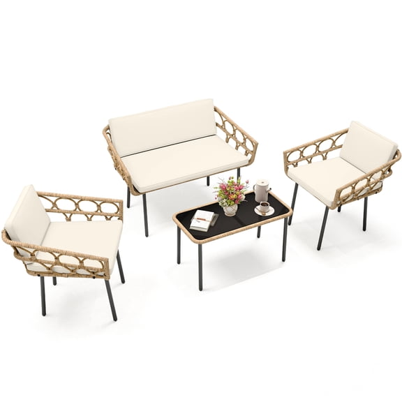 Uforic 4 Pieces Rattan Patio Furniture Set, All-Weather Bistro Conversation Set with Loveseat, Chairs, and Glass Table - Beige