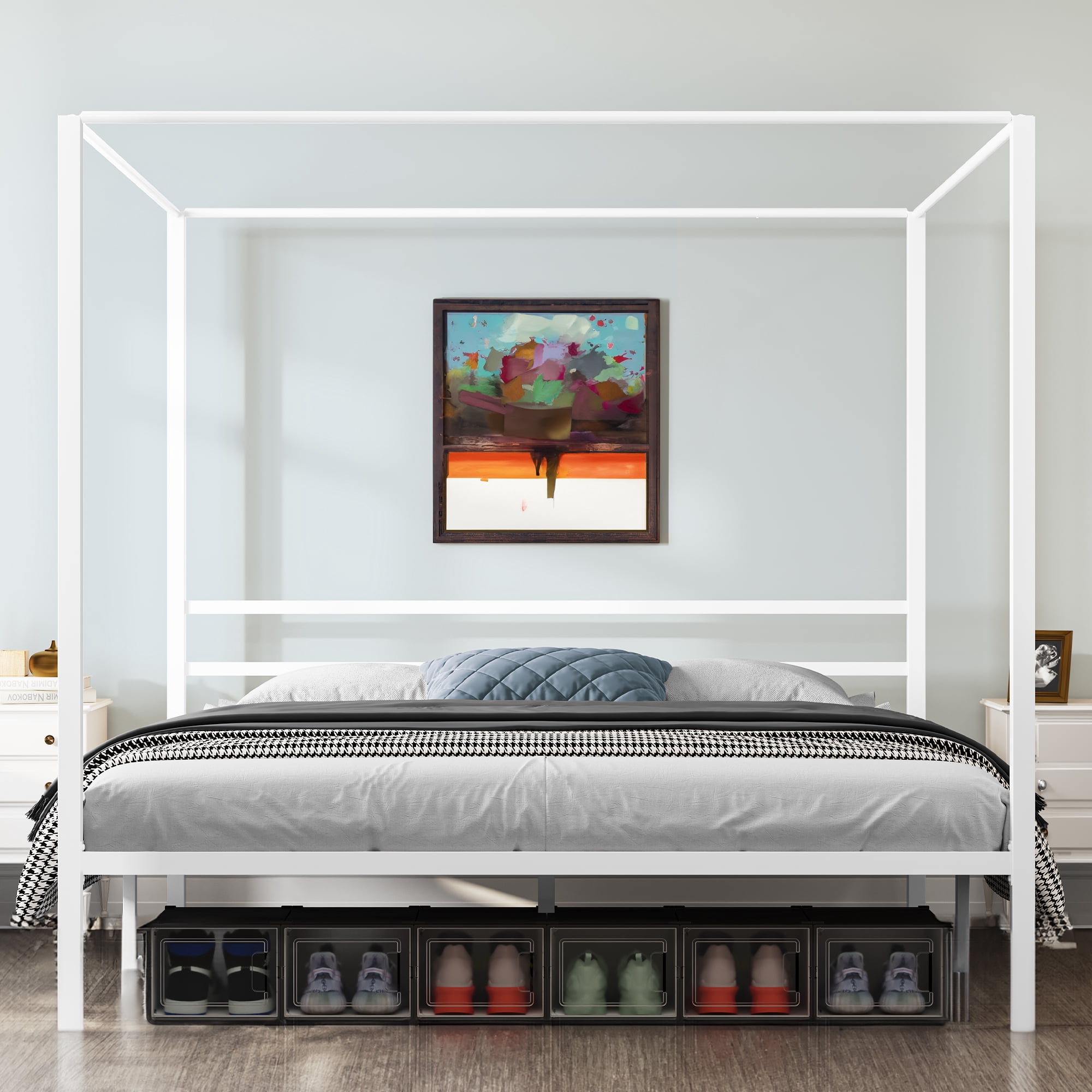 Uforic 4-Poster 14-inch King Canopy Bed Frame with Headboard with Strong Metal Slats, White