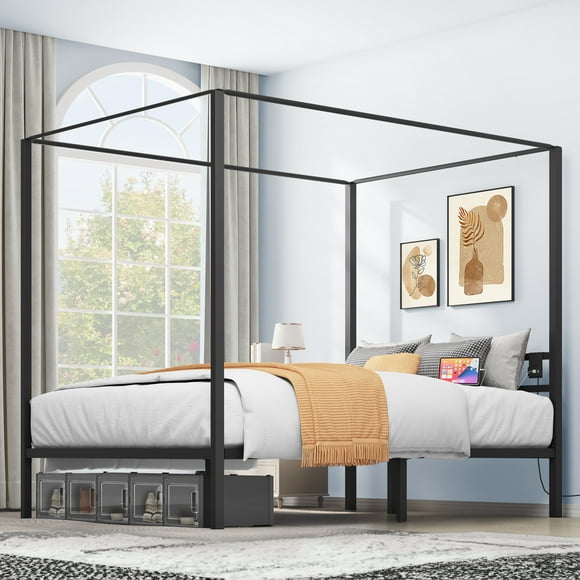 Uforic 4-Poster Metal Queen Size Canopy Bed Frame with Headboard & Footboard,Black