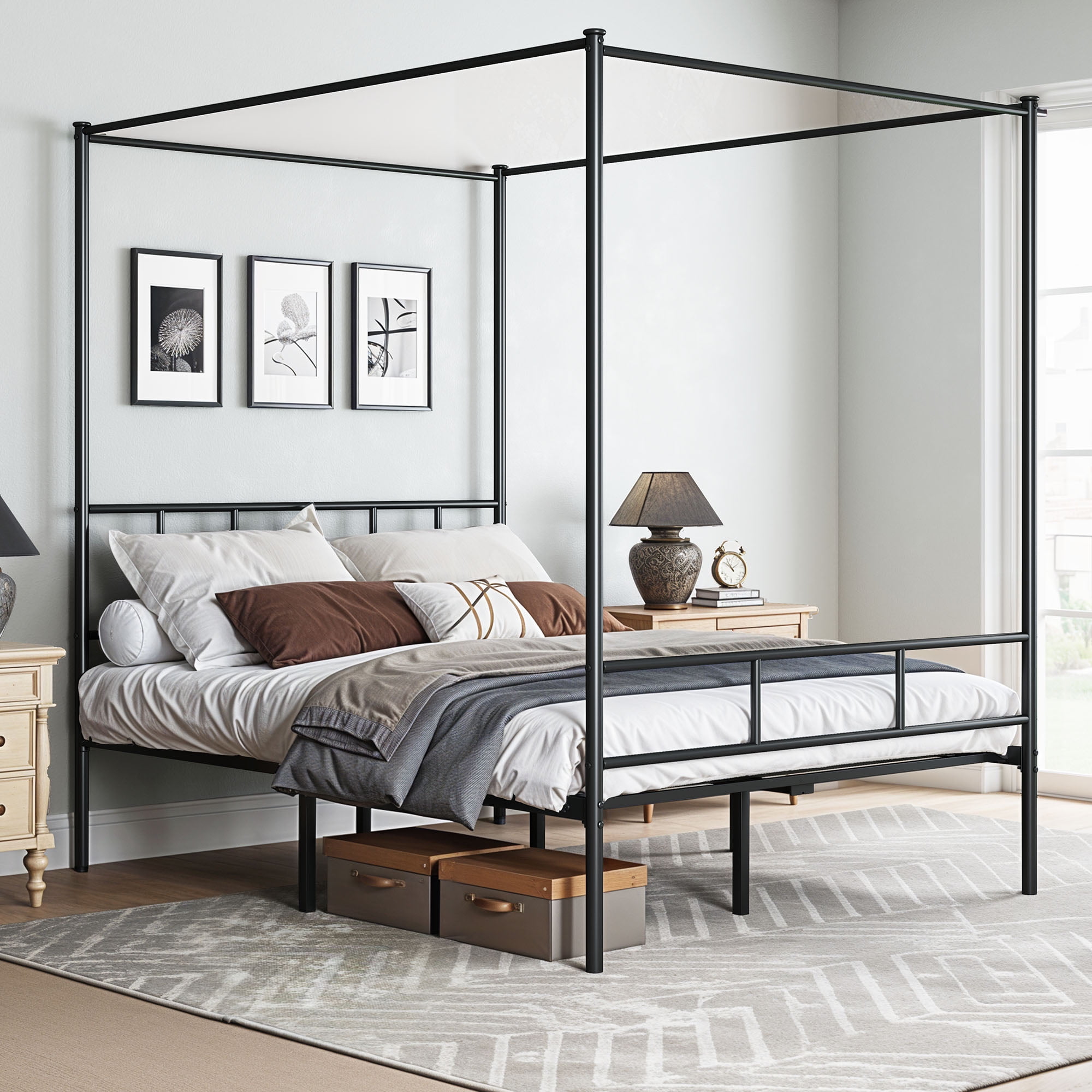 Uforic 4-Poster Queen Metal Canopy Bed Frame,Requires No Box Spring (Black)