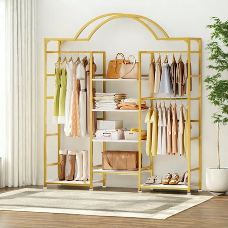 Uforic 4-Tier Heavy Duty Garment Rack Clothes Rack for Clothing Storage with 6 Shelves Clothing Rack with 3 Hanging Rods Freestanding Closet Organizer, Gold