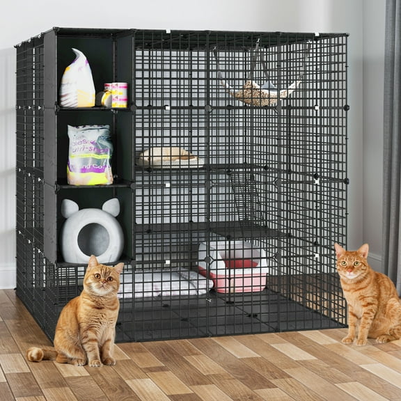 Uforic 4 Tier Large Cat Cage,Indoor Cat Enclosure with Extra Large Hammock,DIY Cat Playpen Metal Kennel for 1-4 Cats,55"L x 55"W x 55"H,Black