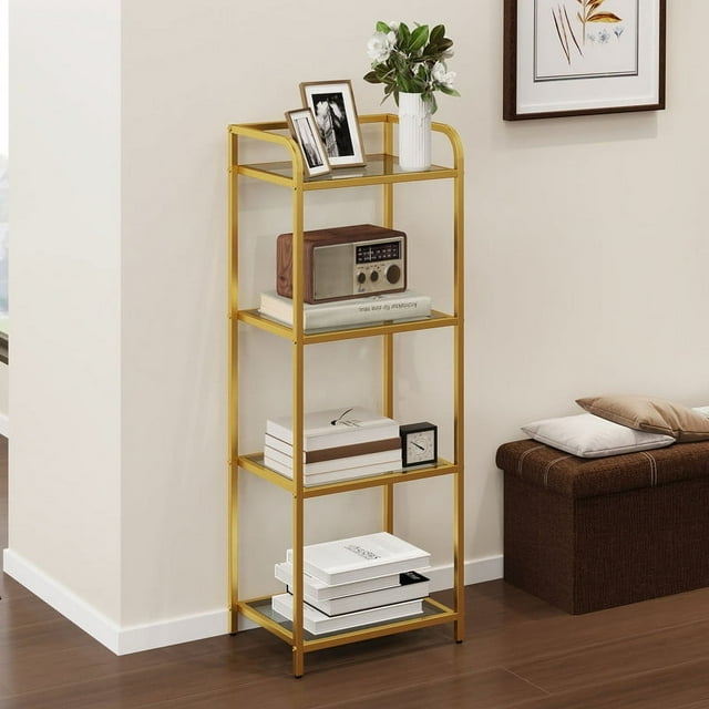 Uforic 4 Tier Modern Bookshelf, Tempered Glass Narrow Bookshelf, Open Display Bookcase, Gold Shelf Unit for Home Office, Living Room
