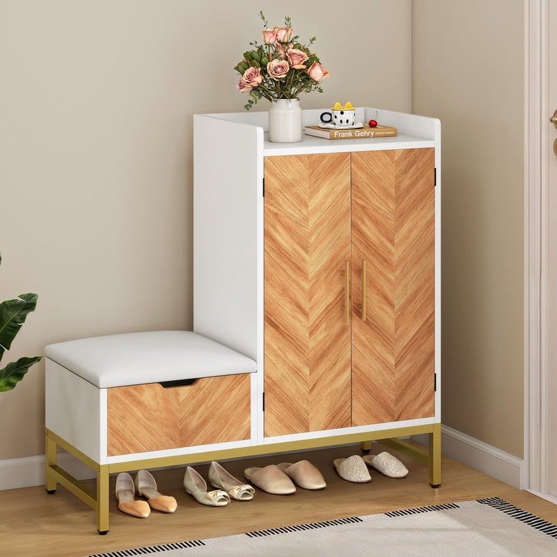 Uforic 4-Tier Shoe Storage Cabinet with Cushioned Bench, Modern Shoe Organizer for Entryway & Bedroom, White