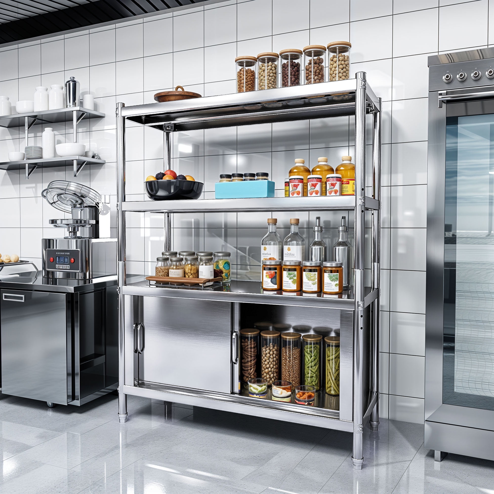 Uforic 4-Tier Stainless Steel Shelves, Adjustable Height, Sliding Door Cabinet, 48 x 18 x 60 Inch Kitchen Shelf Rack, Heavy-Duty Steel Metal Commercial Storage