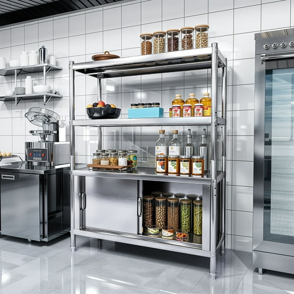 Uforic 4-Tier Stainless Steel Shelves, Adjustable Height, Sliding Door Cabinet, 48 x 18 x 60 Inch Kitchen Shelf Rack, Heavy-Duty Steel Metal Commercial Storage