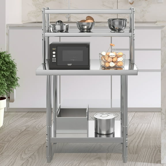 Uforic 30 x 24 In 4-Tier Stainless Steel Work Table with Overshelves, Hooks, Metal Prep Table for Commercial Kitchens and Restaurants