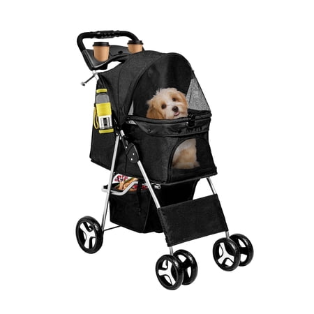 Uforic 4 Wheels Foldable Pet Strollers with Storage Basket & Cup Holder & Rain Cover for Small & Medium Dogs & Cats,Black
