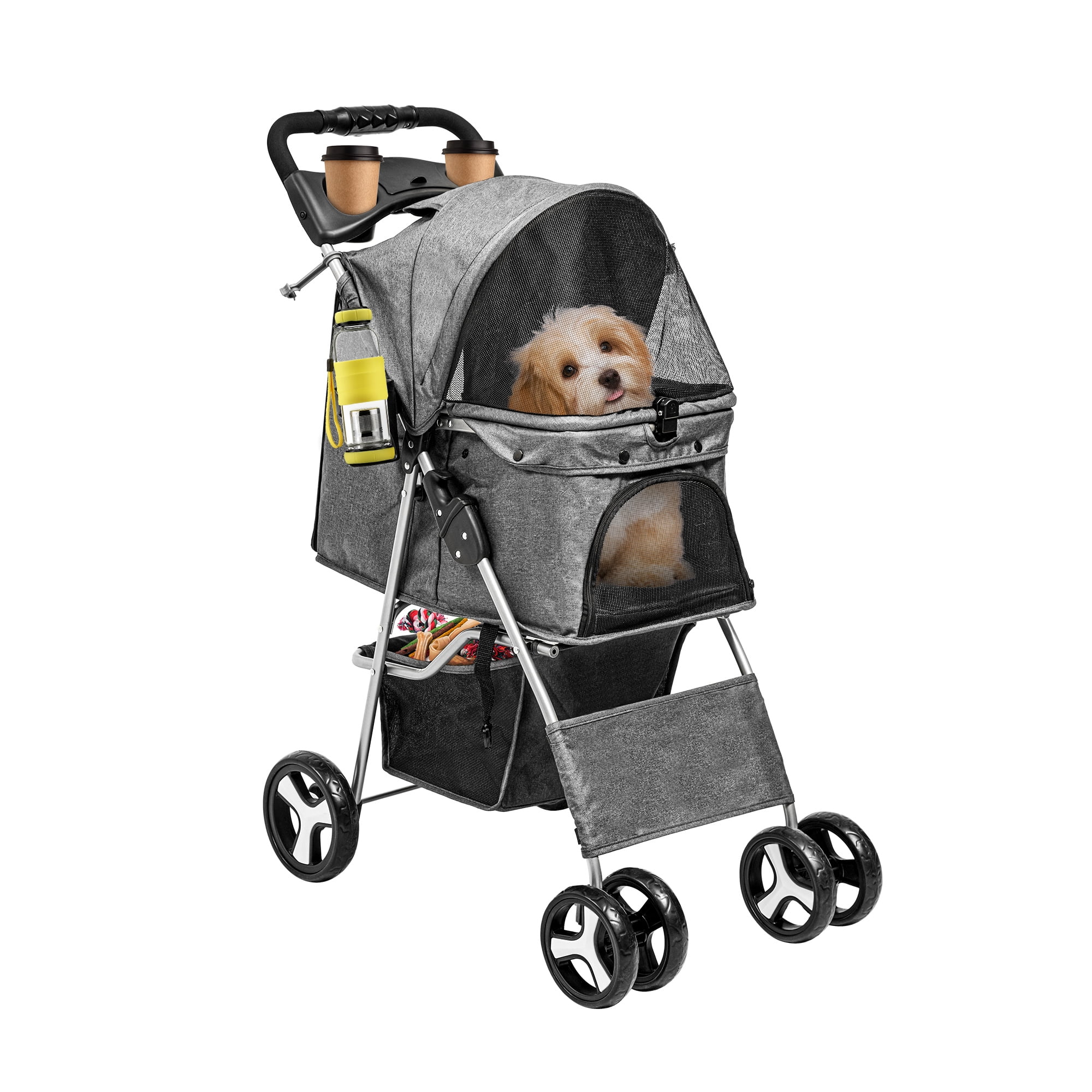 Uforic 4 Wheels Foldable Pet Strollers with Storage Basket & Cup Holder ...