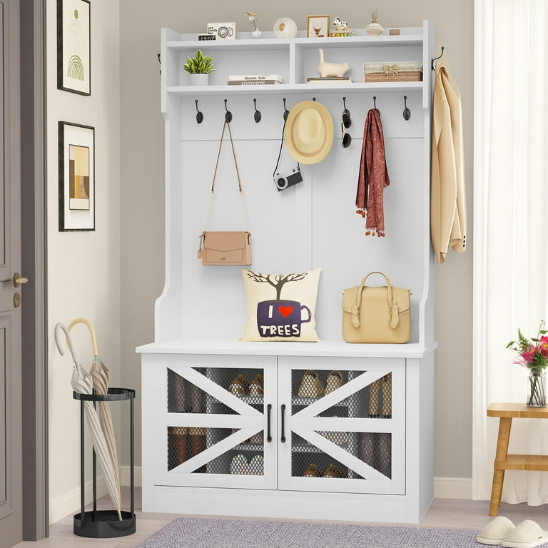 Uforic Farmhouse Hall Tree with Coat Hooks Storage Bench, Shoe