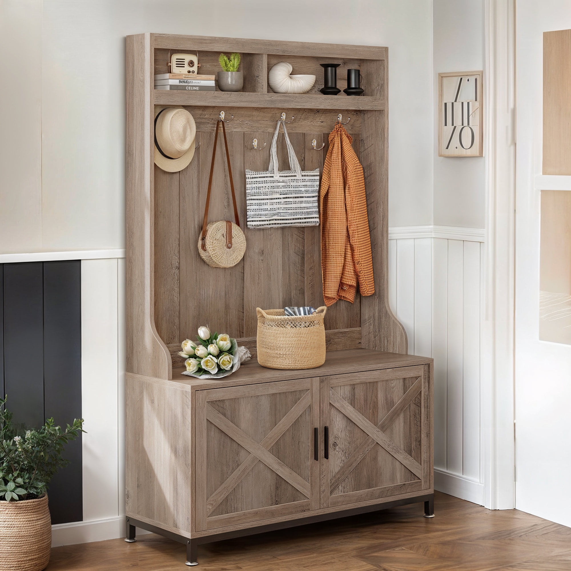 Uforic 4-in-1 Coat Rack with 14 Hooks, Farmhouse Hall Tree with