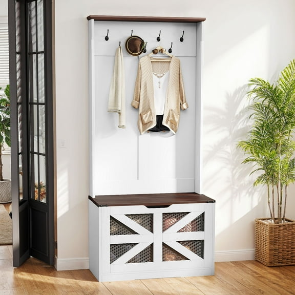 Uforic 4-in-1 Coat Rack with 7 Hooks,Farmhouse Hall Tree with Storage Bench, Coat Hanger, Shoe Cabinet for Hallway, Living Room, White 30"