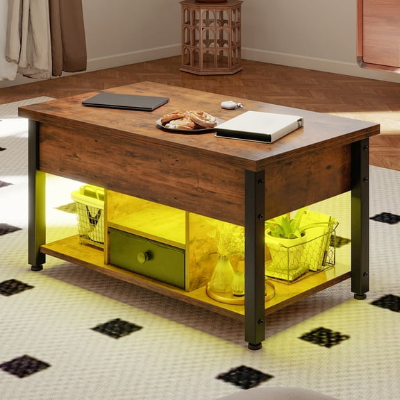 Uforic 4-in-1 Lift Top Coffee Table with RGB Light, Storage, Power Outlets, Dual Tops, Brown