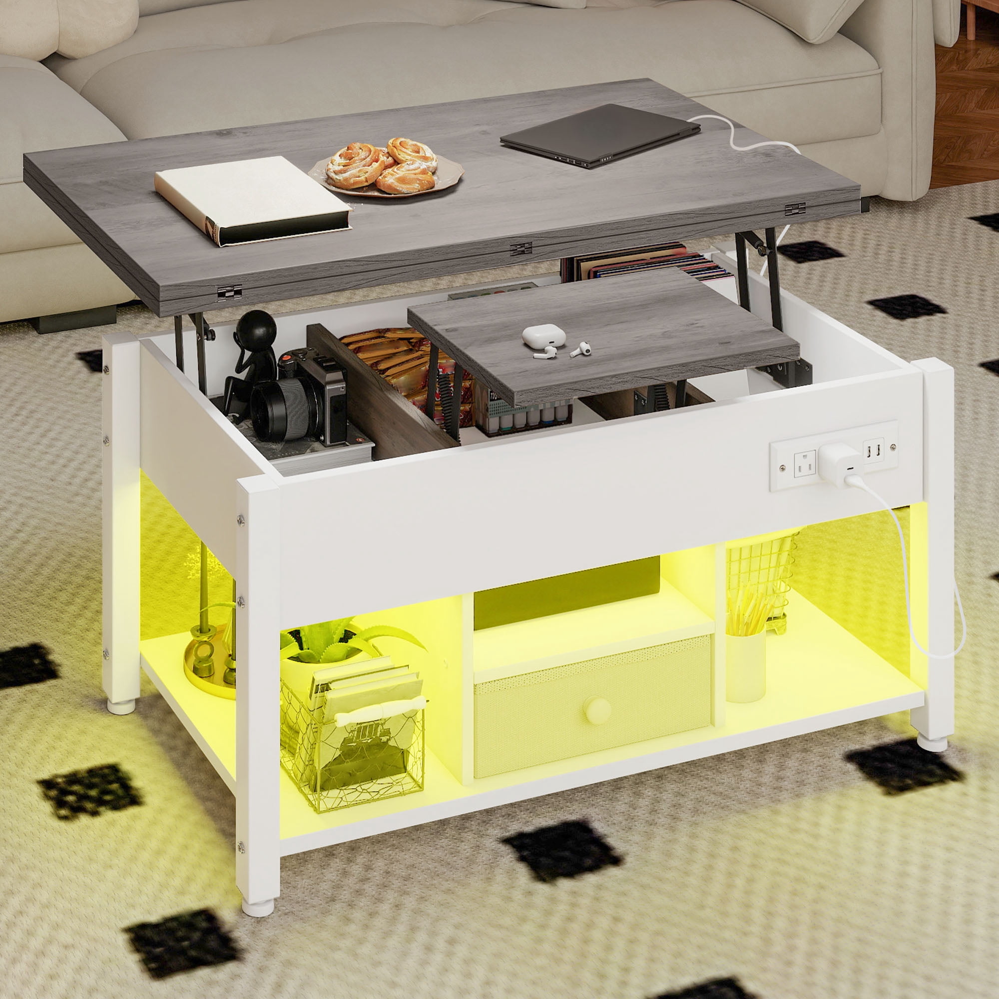 Uforic 4-in-1 Lift Top Coffee Table with RGB Light, Storage, Power ...