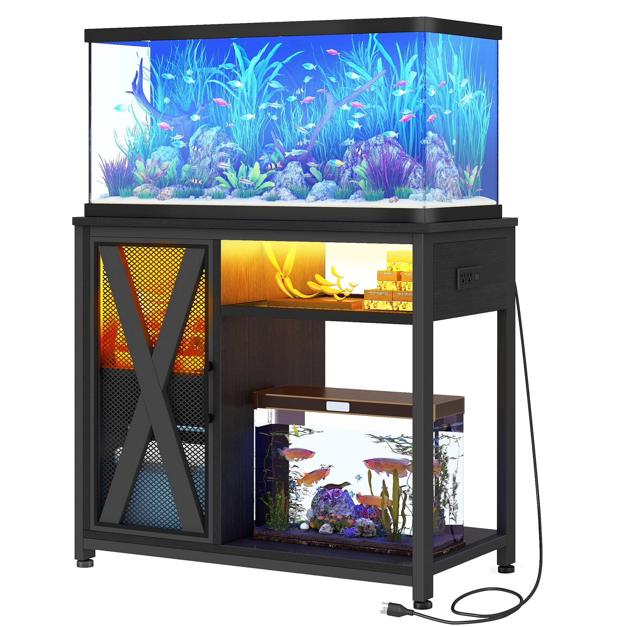 Uforic  40-50 Gallon Fish Tank Stand with Power Outlets & LED Light, Heavy Duty Metal Wood Aquarium Stand with Storage Cabinet for Turtle Tank, Reptile Terrarium, 680LBS Capacity, Black