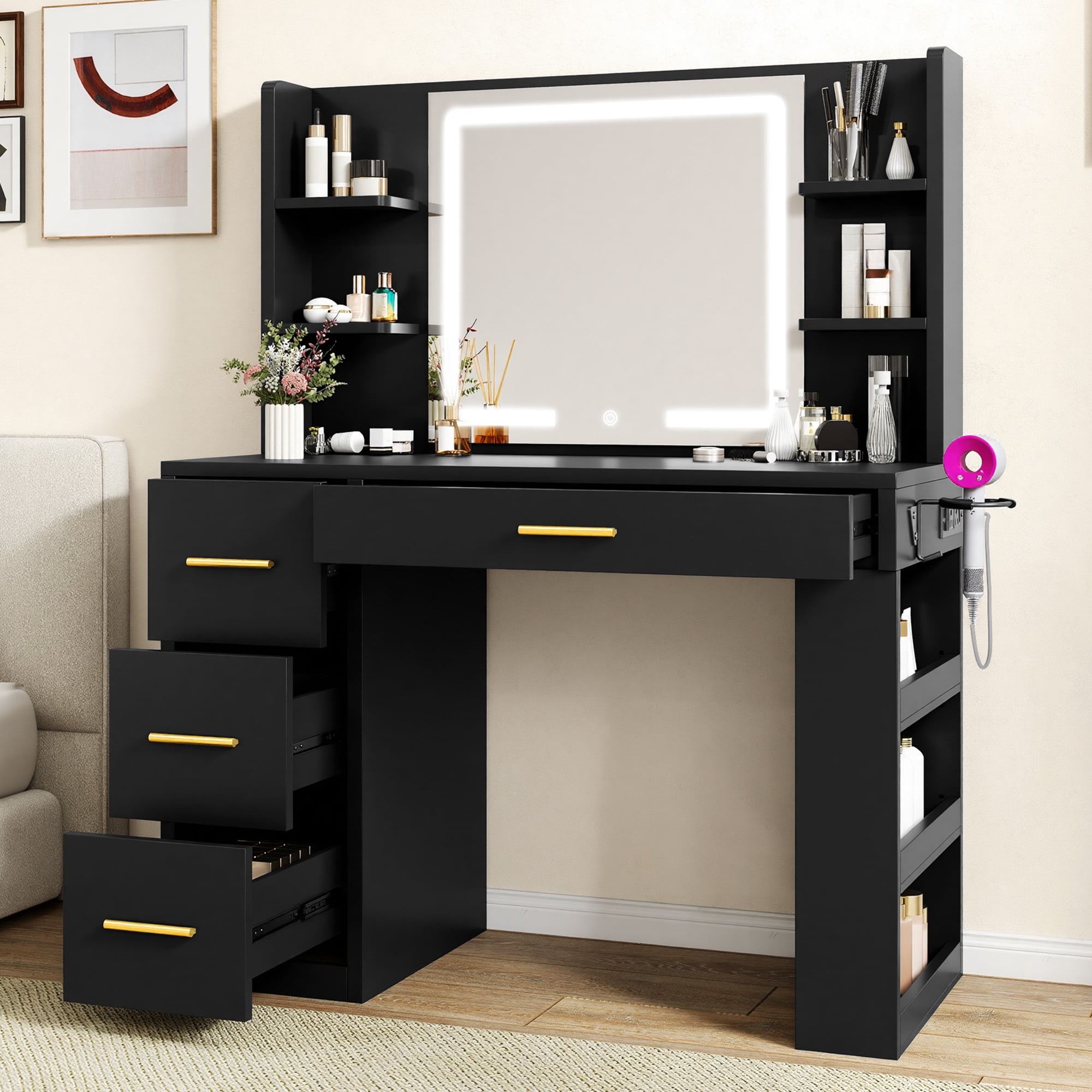 Uforic 40" Black Makeup Vanity Desk with 3-Color LED Mirror, 4 Drawers, 7 Open Shelves, Power Outlets, Hair Dryer Holder & Anti-Tip Safety for Adults