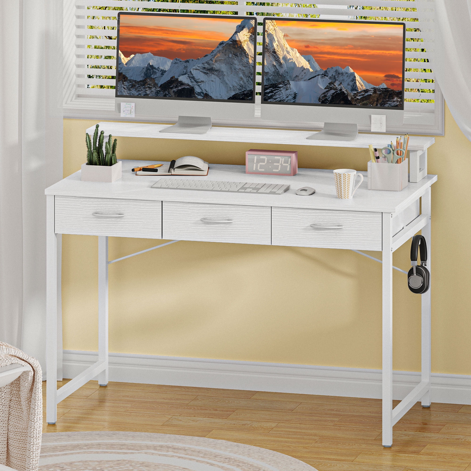 Uforic 40" Computer Desk with Monitor Stand & 3 Drawers, Modern Small Study Desk with Hooks , Home Office Desk Writing Desk for Small Space,Living Bedroom, Gaming, White