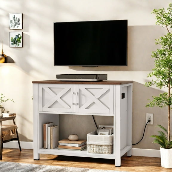 Uforic 40-Inch Farmhouse TV Stand with Power Outlet,Storage Cabinet,TV Cabinet for Living Room - White
