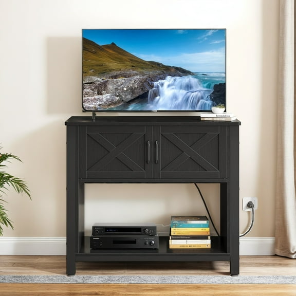 Uforic 40-Inch Farmhouse TV Stand with Power Outlet, Wooden TV Console with Storage Cabinet for 680lbs - Black