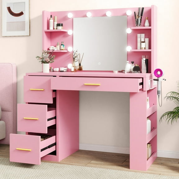 Uforic Engineered Wood 40" Pink Makeup Vanity Desk with LED Mirror, 4 Drawers, Hair Dryer Holder, and Shelves