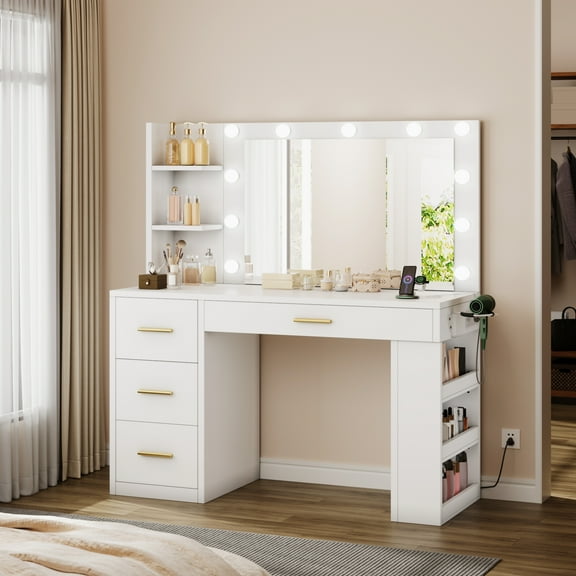 Uforic 40-Inch Makeup Vanity Desk with LED Mirror, Drawers, Shelves, and Power Outlets - White