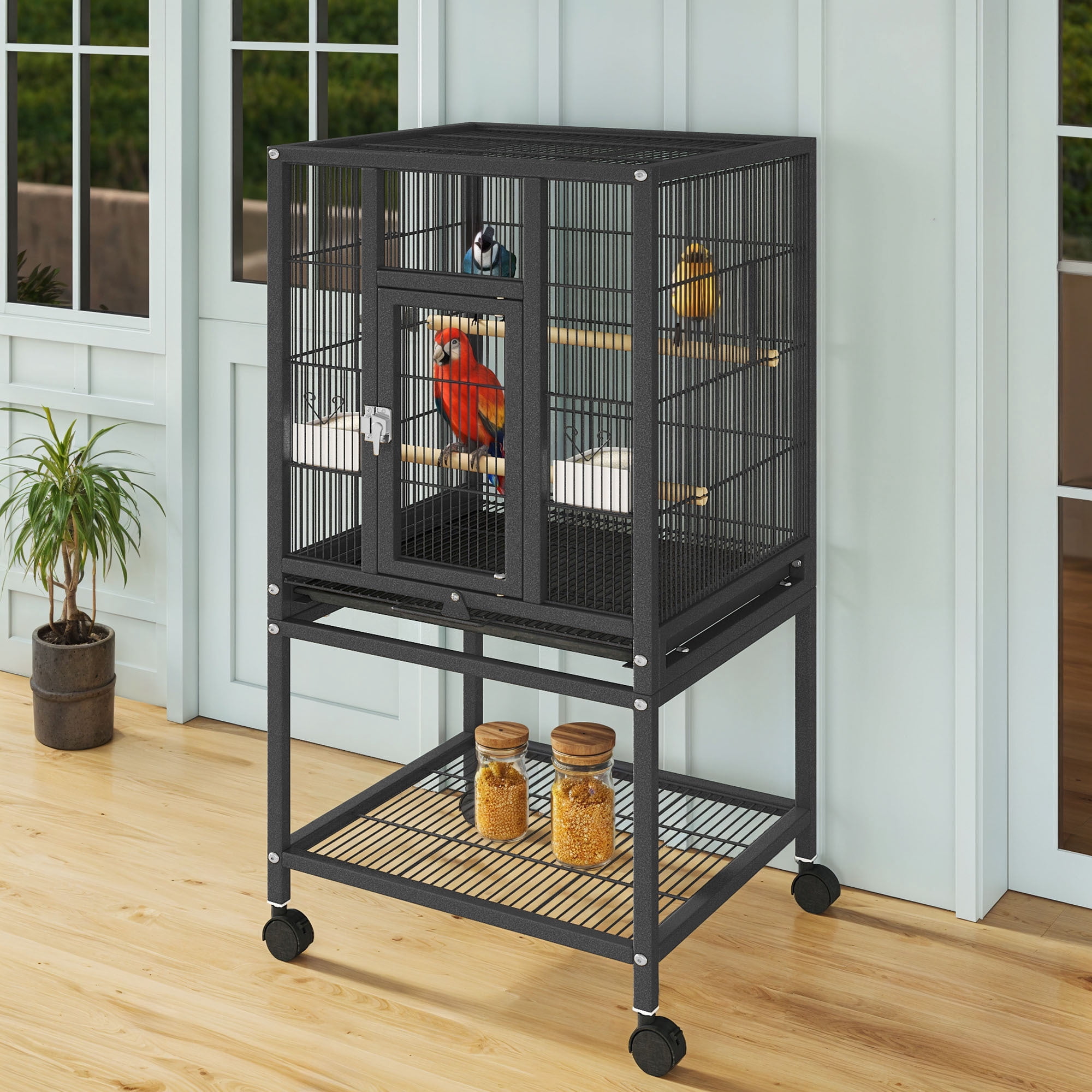 Uforic 41" Metal Bird cage  with Rolling Stand, Tray, 2 Perches and 2 Feeders, Black