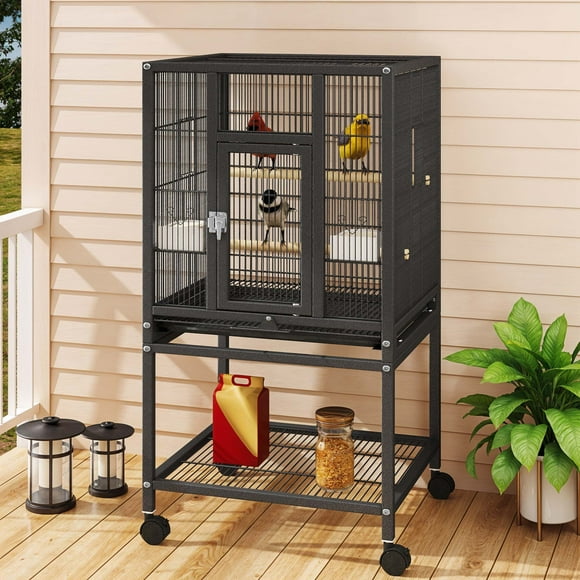 Uforic 41" Metal Birdcage with Rolling Stand and Castor Wheels, Large Parrot Cage with 2 Perches and 2 Feeders, Spacious Storage Tray, Black