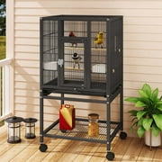 Uforic 41" Metal Birdcage with Rolling Stand and Castor Wheels, Large Parrot Cage with 2 Perches and 2 Feeders, Spacious Storage Tray, Black