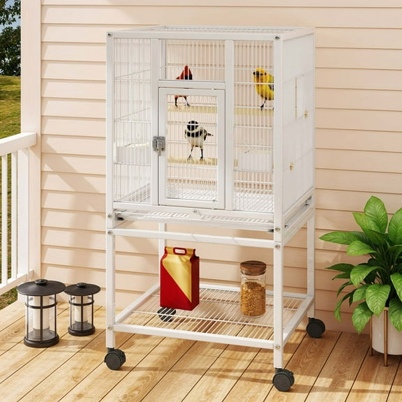 Uforic 41" Metal Birdcage with Rolling Stand and Castor Wheels, Large Parrot Cage with 2 Perches and 2 Feeders, Spacious Storage Tray, White