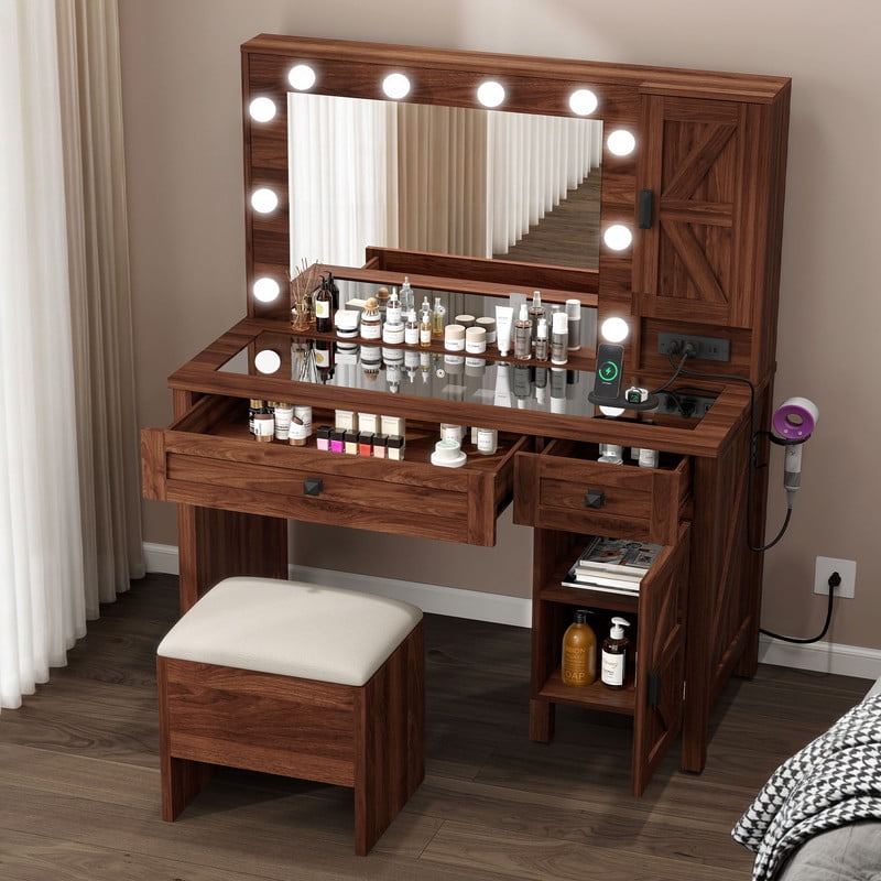 Uforic 42" Farmhouse Makeup Vanity Set with Lighted Mirror & Drawers, ,Vanity Desk with Charging Station & Glass Top, Brown