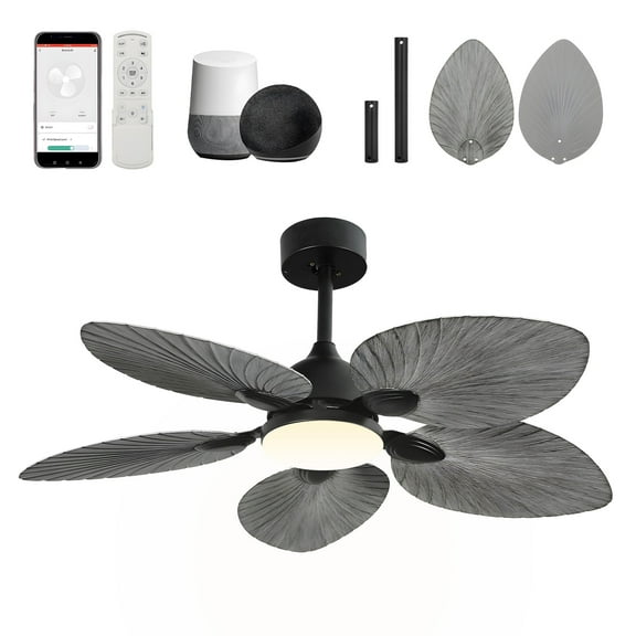 Uforic 42 Inch Tropical Palm Leaf Ceiling Fan with Lights and Remote/APP Control, Quiet DC Motor, 6-Speed, Dimmable, Adjustable Height, Reversible 5 Blades - Gray