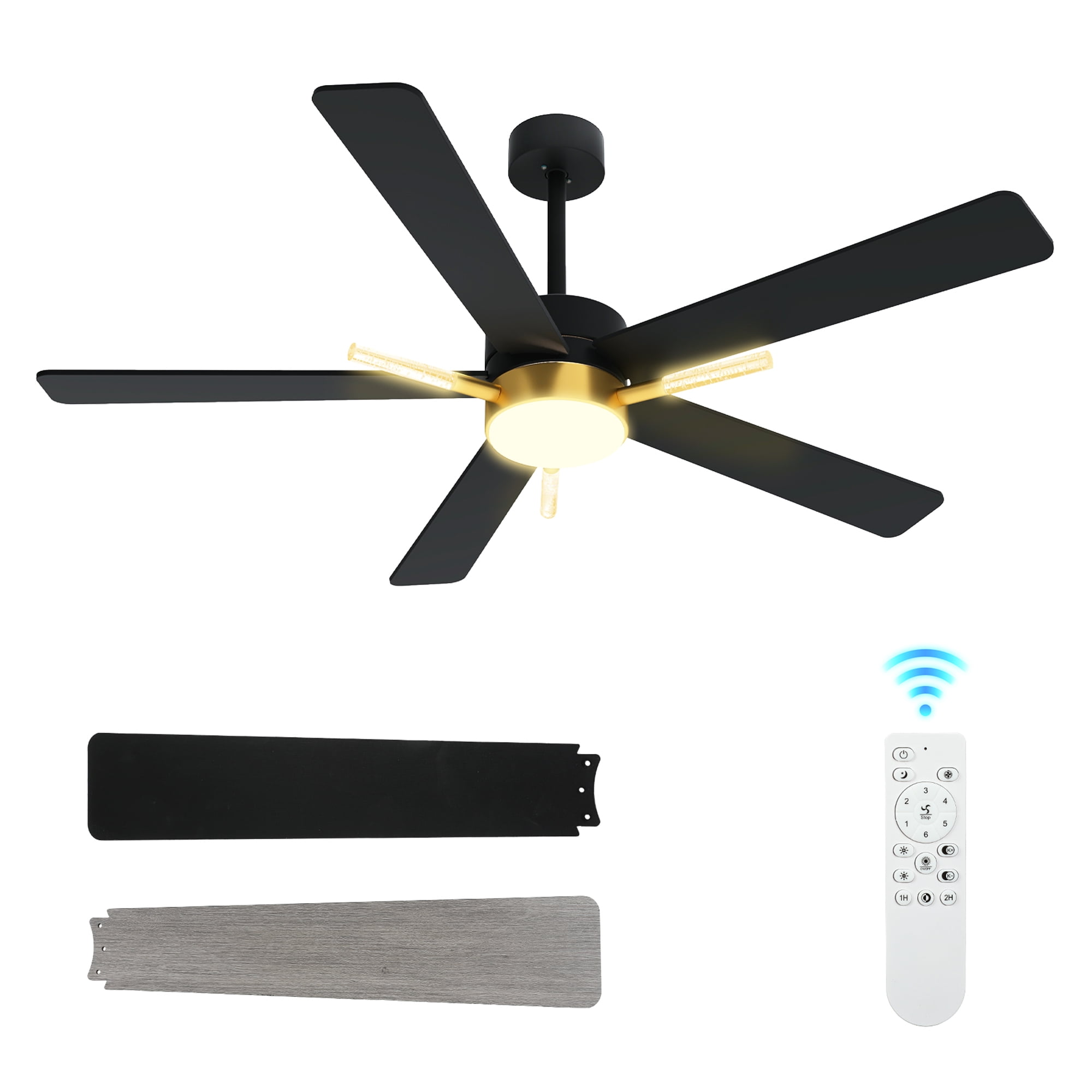 Uforic 42-inch Modern Black and Gold Ceiling Fan with Lights and Remote Control,5 Blades with Crystal Rod Design