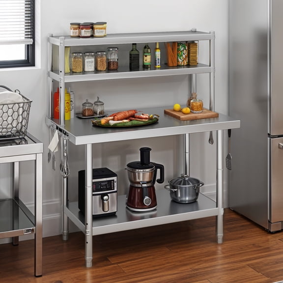 Uforic 42" x 24" Heavy-Duty Stainless Steel Prep Table with Adjustable Overshelf, Hooks for Commercial Kitchen Storage Shelves and Restaurants
