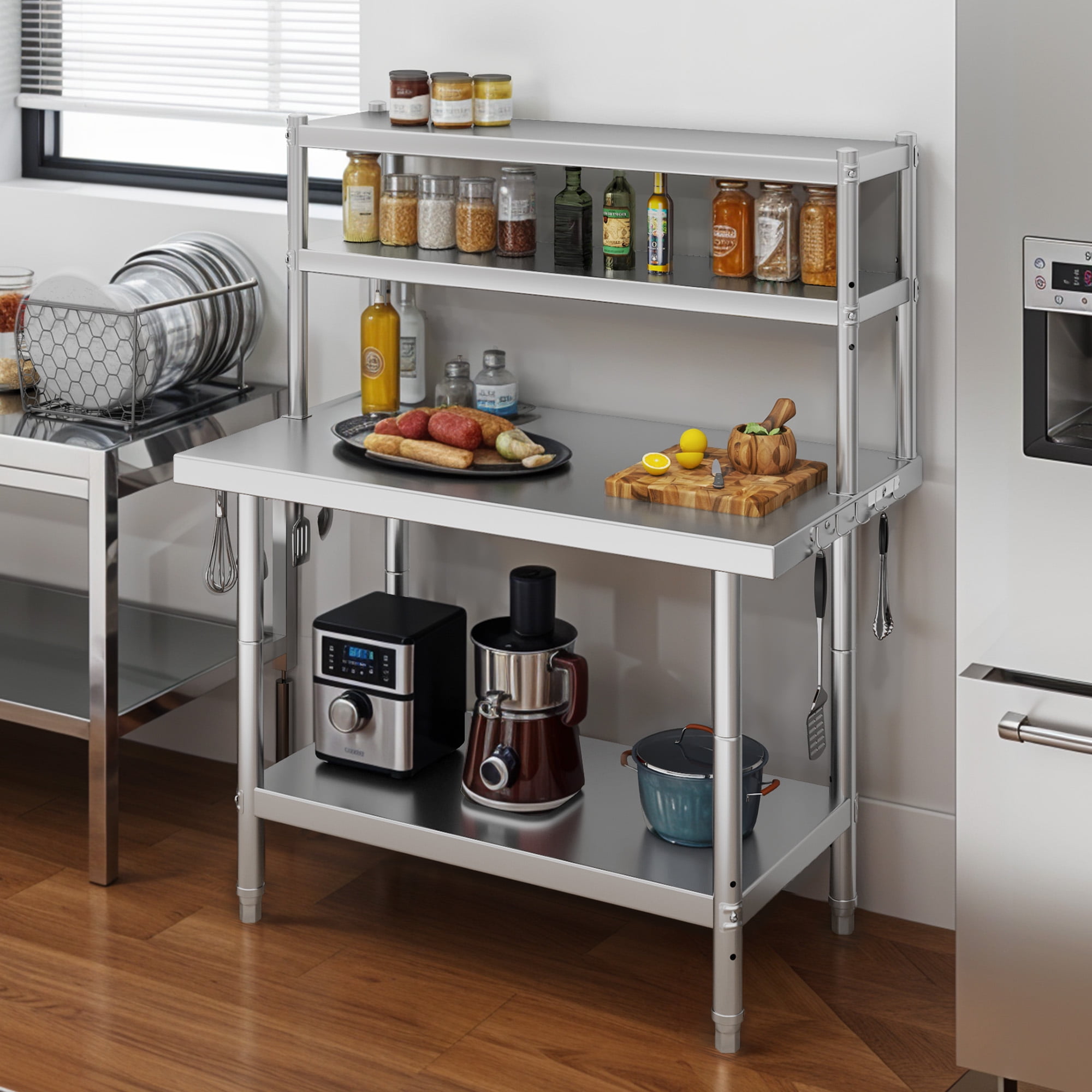 Uforic 42" x 24" Stainless Steel Prep Table with Adjustable Overshelf, Hooks, Heavy-Duty Metal Workbench for Commercial Kitchen Storage Shelves and Restaurants