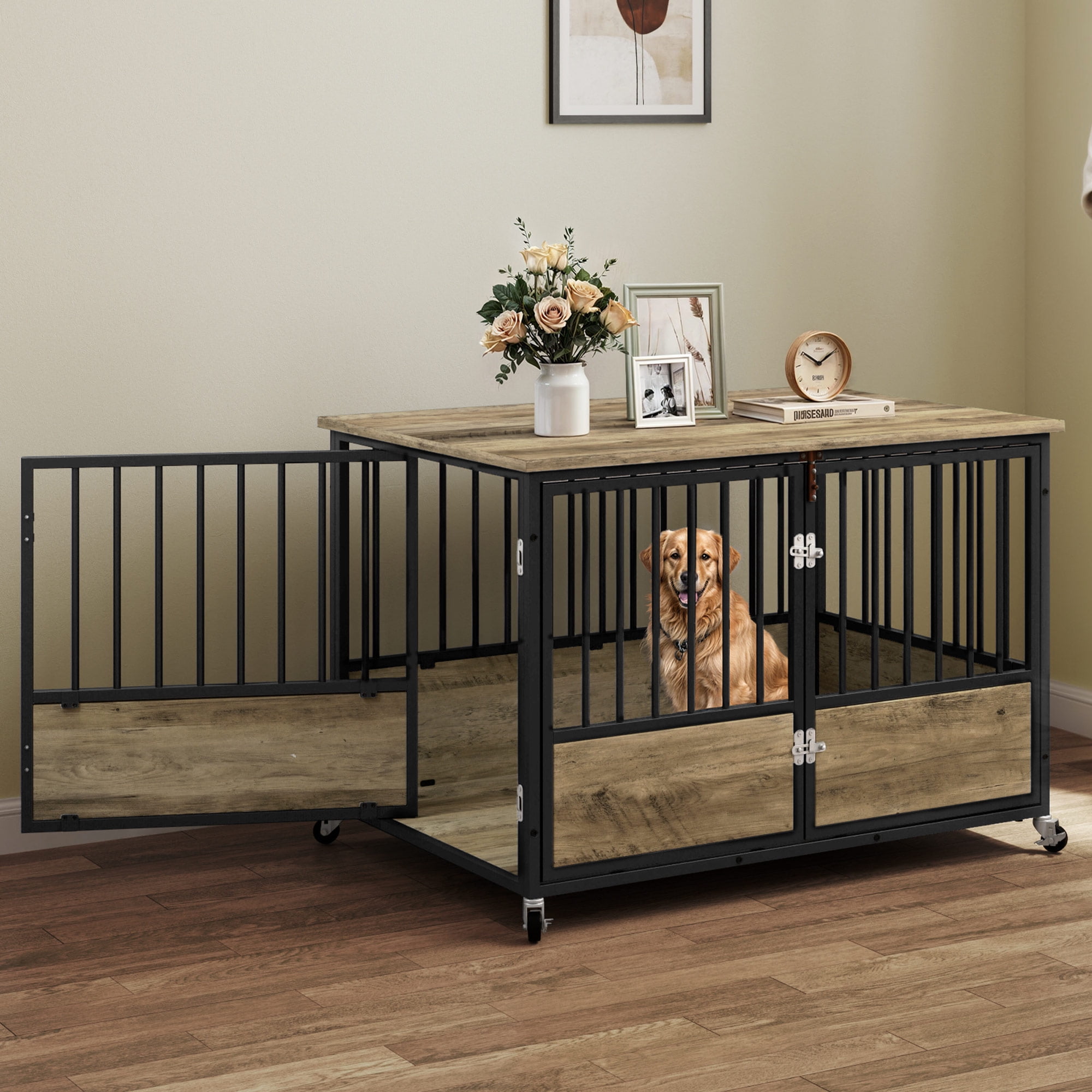 Uforic 43.3" Dog Crate Furniture with Wheels, Heavy Duty Double-Door Kennel for Medium/Large Dogs, Chew-Resistant Wooden End Table & Pet Cage