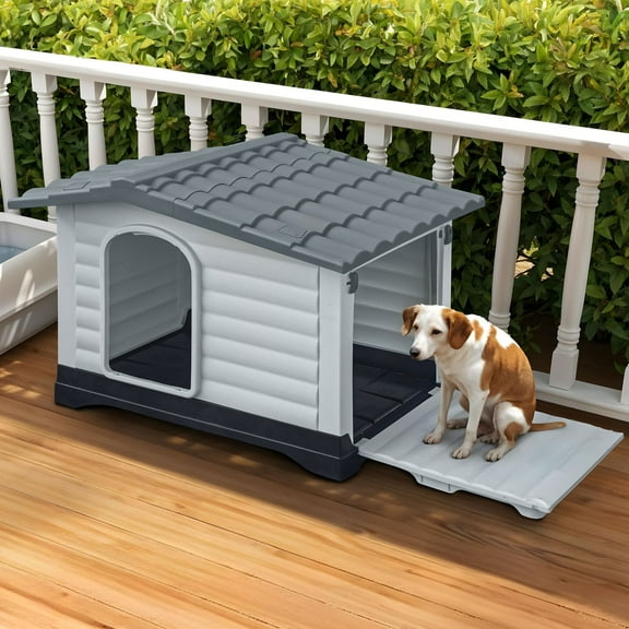 Uforic 43.7"Large Waterproof Plastic Dog House with Porch & Cushion, Outdoor Indoor Double Door Doghouse,Gray,43.7"L x 33"W x 31.6"H