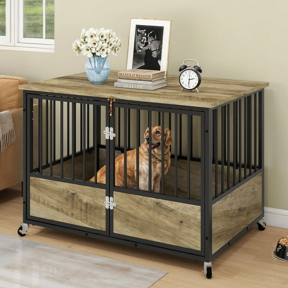 Uforic 43-Inch Wooden Dog Crate Furniture with Wheels and Double-Doors,Dog Kennel,Dog Cage for Indoor - Greige