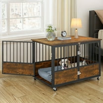 Uforic 43-Inch Wooden Dog Crate Furniture with Wheels and Double-Doors,Dog Kennel,Dog Cage for Indoor - Rustic Brown