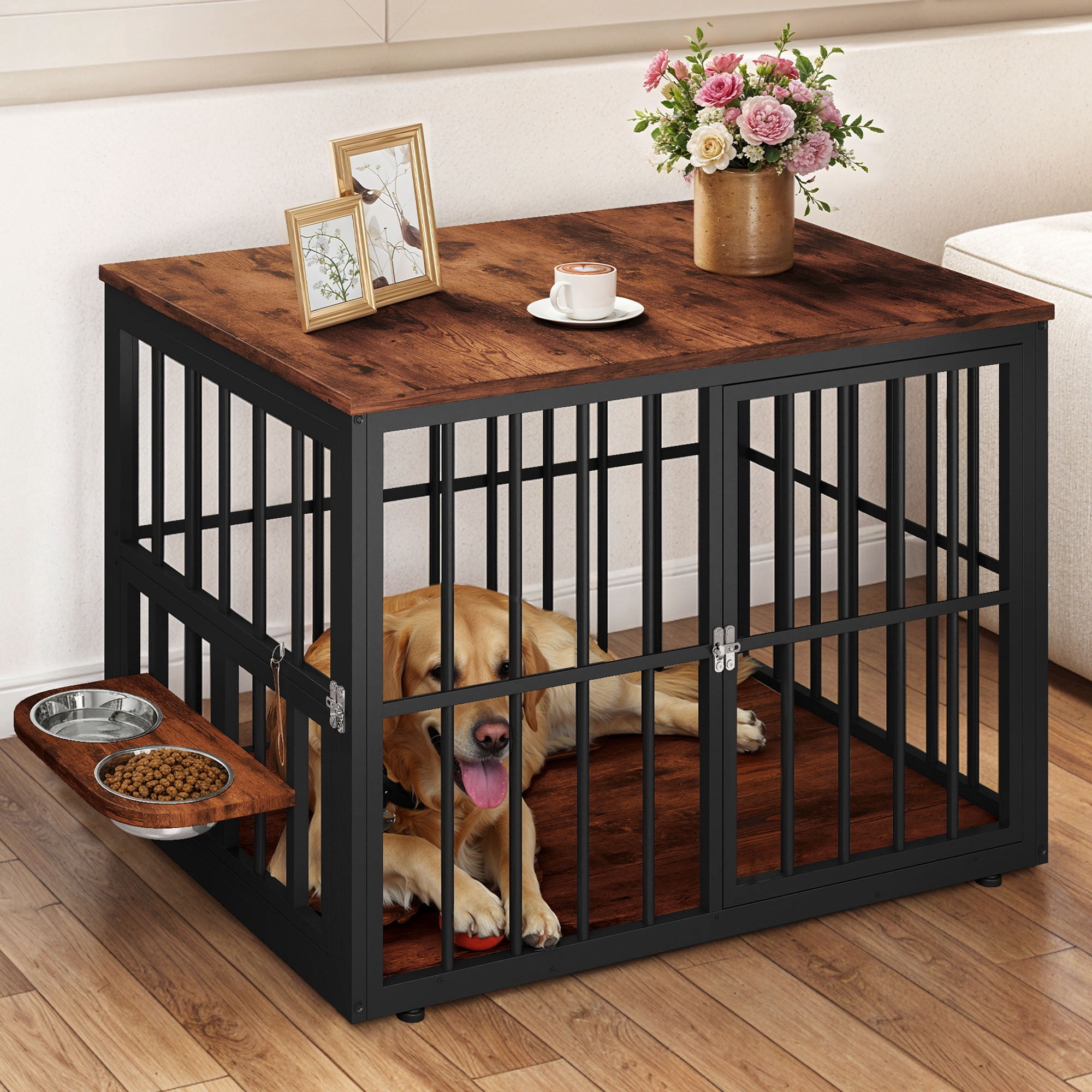 Uforic 44.3" Large Wooden Dog Crate Furniture with 3 Doors & 2 Rotatable Bowls for Medium Large Dogs, Brown