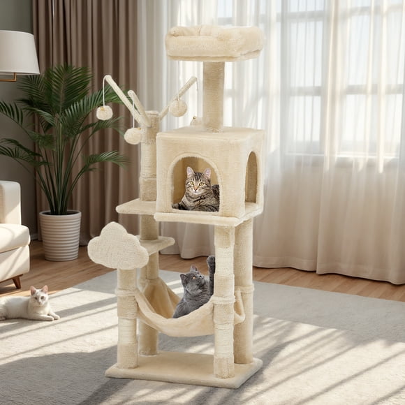 Uforic 44" Cat Tree Tower, with Scratch Posts, Condo, Hammock, Toys, Beige